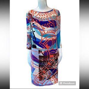Size 12 (42) Emilio Pucci Silk Geometric Orange Blue Turquoise Mini Dress 2014